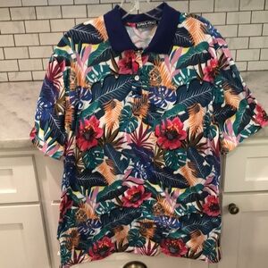 PJ Paul Jones Shirt Mens Large Blue Floral Polo Tropical Hawaiian Beach Festival